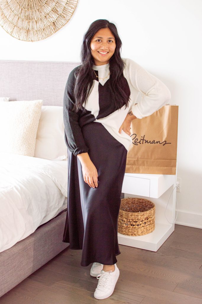 This satin skirt from Reitmans is absolutely gorgeous! It can be dressed up or down, and it is so comfortable - it's the perfect piece for hosting your next holiday party!