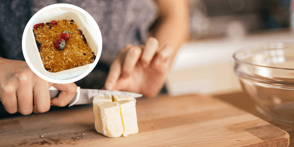 A lady cutting into cold butter with a sharp knife, and a featured berry crumble dessert in the corner of photo