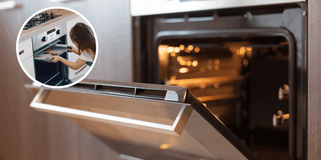 Image of a preheated oven with the door slightly open, and a small featured image of a girl putting in food into an oven