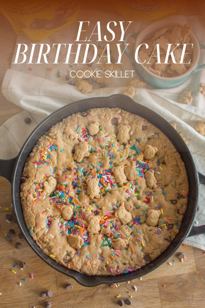 This Birthday Cake Cookie Skillet is soft, chewy, and loaded with chocolate chips and sprinkles. Baked in a cast iron skillet and topped with Teddy Grahams, this easy birthday dessert is perfect for parties, family celebrations, or cozy birthday nights at home.