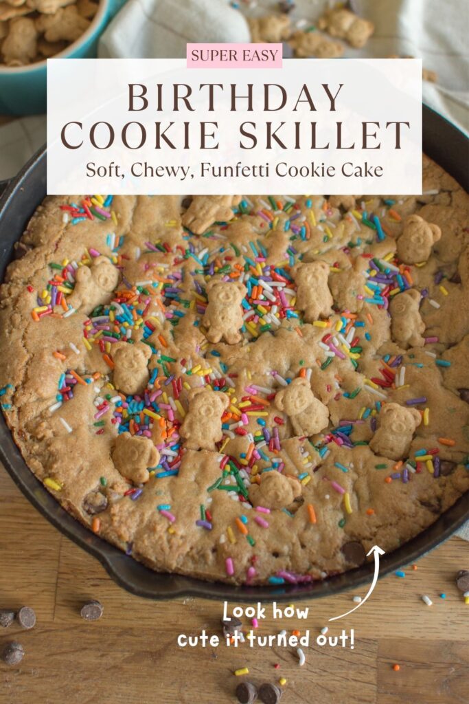 Looking for an easy birthday dessert? This birthday cookie cake is baked in a cast iron skillet, packed with sprinkles, chocolate chips, and topped with Teddy Grahams for the cutest finishing touch.