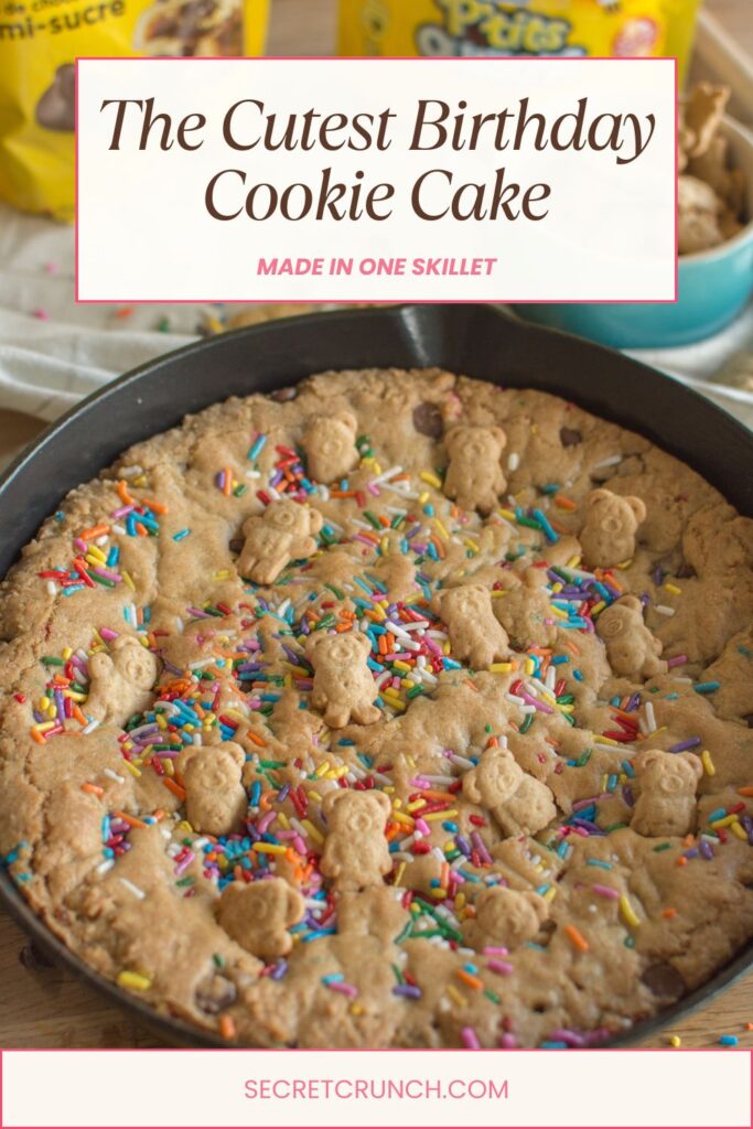This cozy Birthday Cake Cookie Skillet is the perfect way to celebrate at home. Soft, buttery cookie cake with sprinkles, chocolate chips, and Teddy Grahams. Easy, adorable, and perfect for sharing.