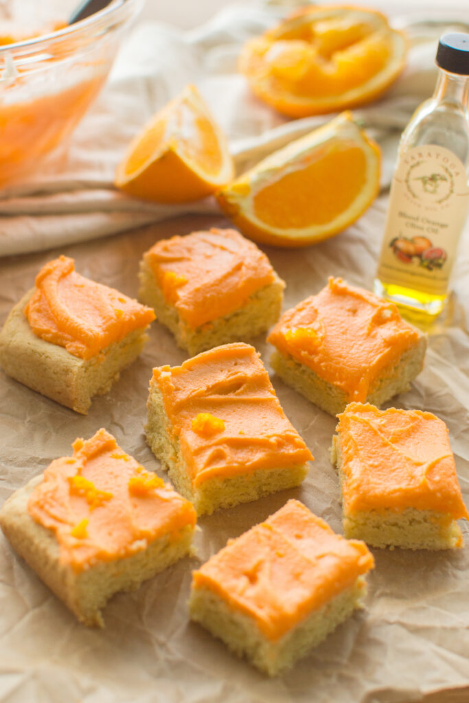 Close-up of soft and chewy Orange Creamsicle Cookie Bars