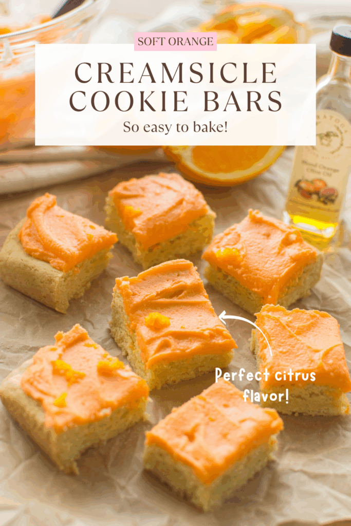 These easy Orange Creamsicle Cookie Bars are bright, buttery, soft, and topped with fluffy orange frosting. A simple one-pan dessert recipe everyone will ask you to make again.