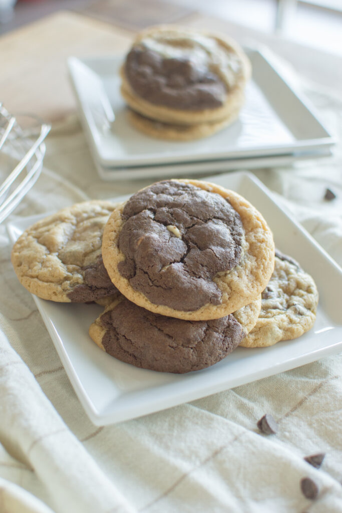 bakery-style marbled chocolate and vanilla cookies stacked together