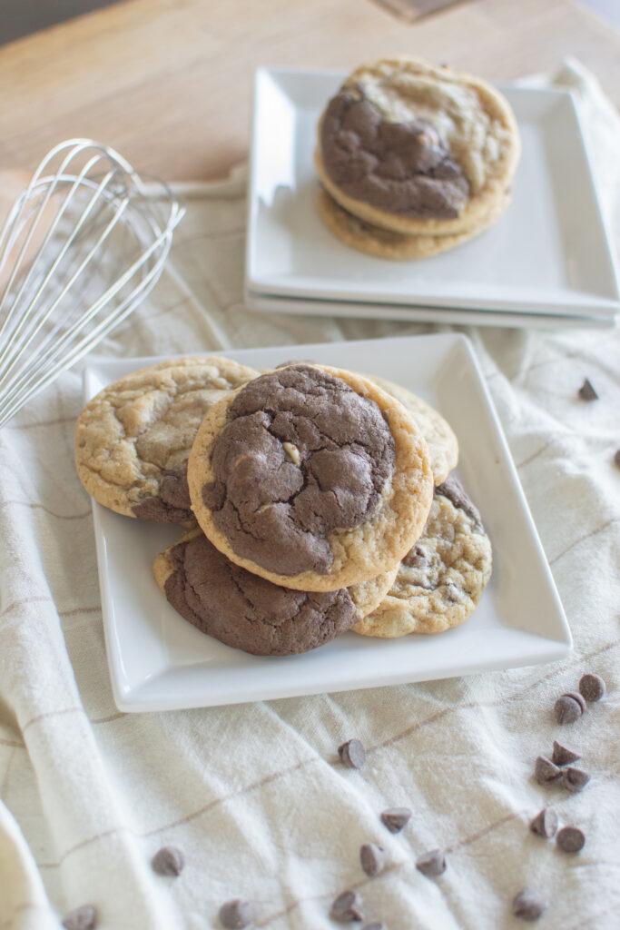 Close-up of soft marbled chocolate chip cookies with melted chocolate chips