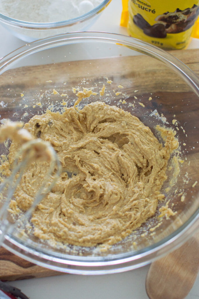 Thick chocolate chip cookie dough prepared in mixing bowl