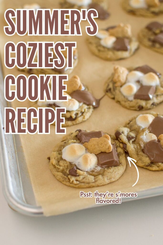 Love classic campfire s'mores? These S'mores Cookies are packed with chocolate chips and topped with marshmallows, milk chocolate, and Teddy Grahams for the ultimate summer dessert.