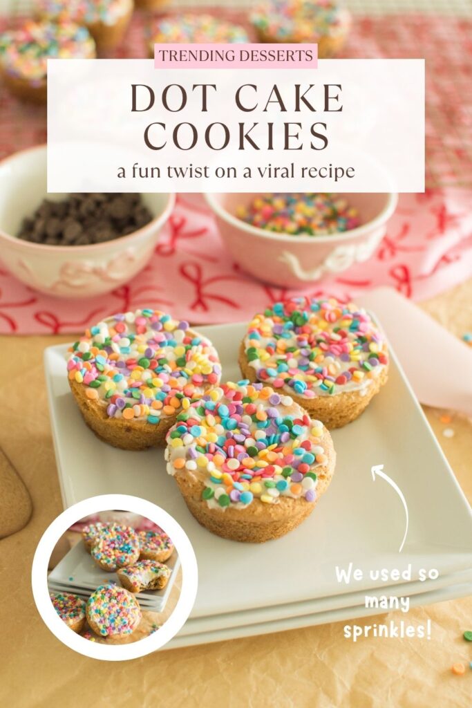 These easy Dot Cake Cookies are soft, chewy, buttery, and topped with fluffy buttercream and rainbow sprinkles. A playful dessert inspired by the viral Dot Cakes everyone is talking about.