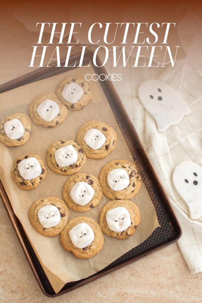 These Halloween Ghost Cookies start with soft chocolate chip cookies and are topped with gooey marshmallow ghosts. An easy Halloween dessert everyone will love!