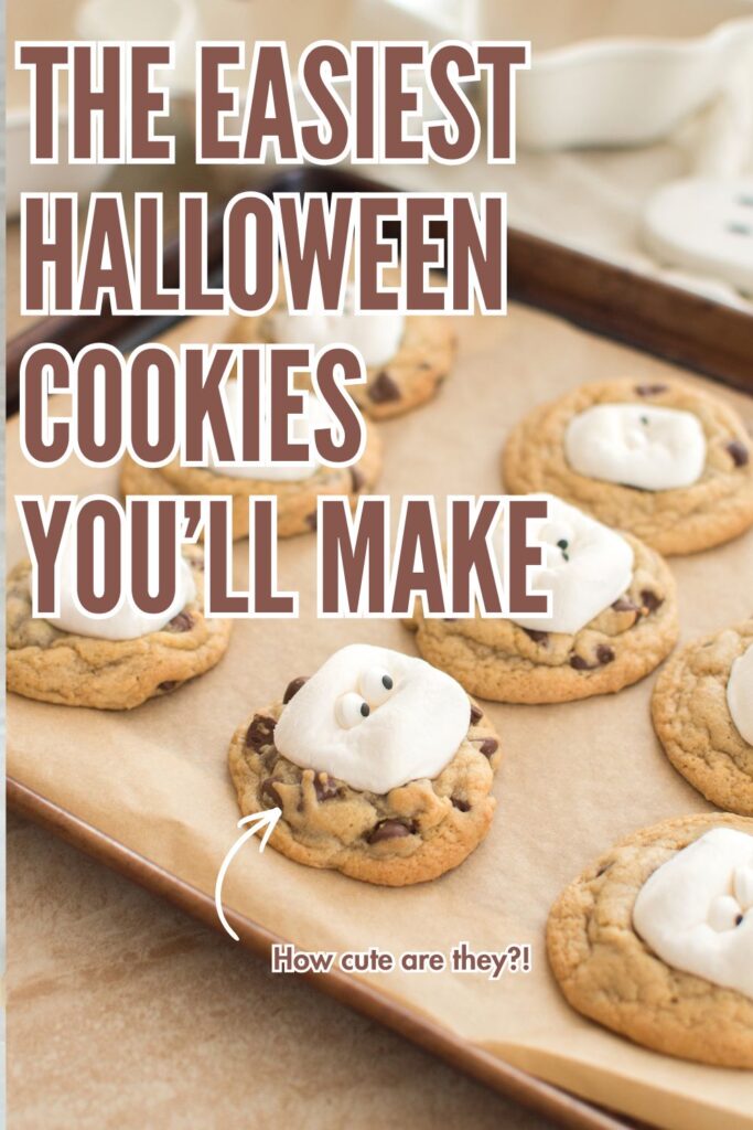 Looking for a fun Halloween baking idea? These Halloween Ghost Cookies are made with chocolate chip cookies, marshmallows, and candy eyes for the cutest spooky treat.
