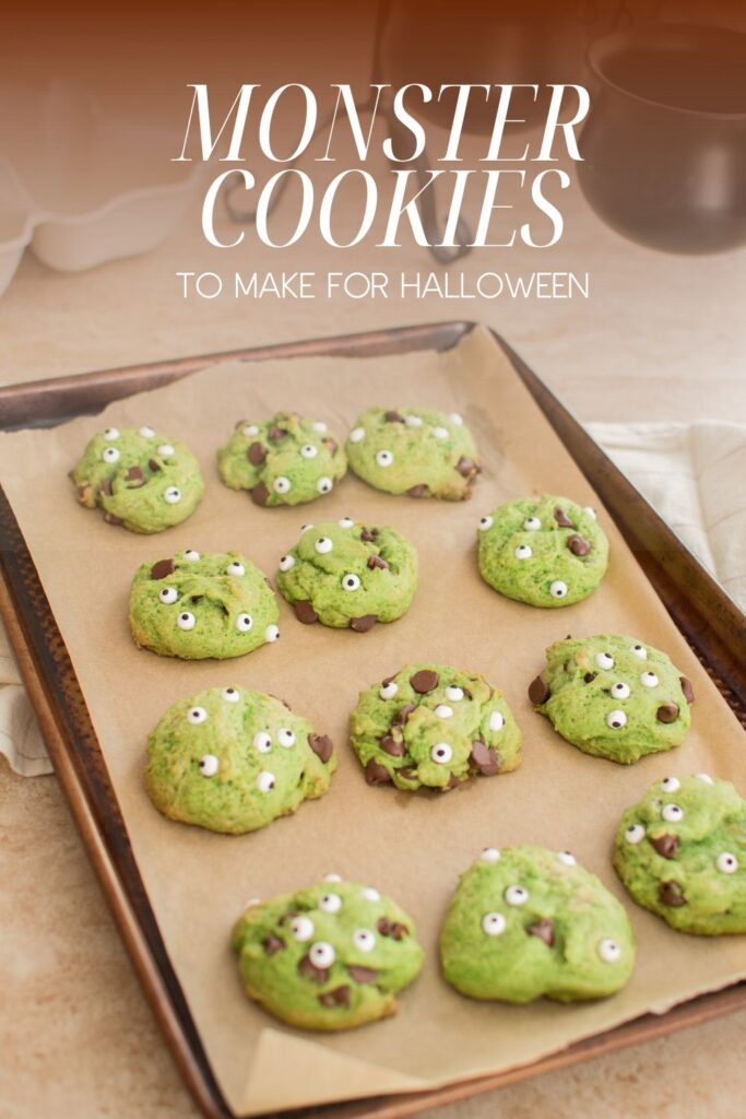 These Halloween Monster Cookies are made with soft chocolate chip cookie dough, green food coloring, and candy eyes for the easiest spooky dessert everyone will love.