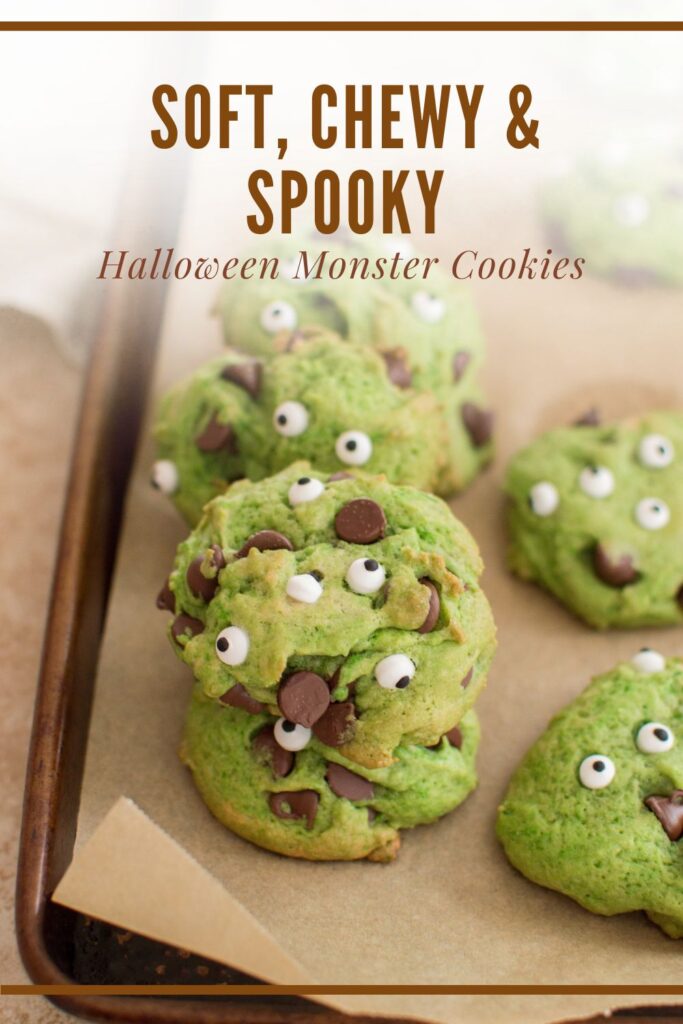 Turn classic chocolate chip cookies into adorable Halloween Monster Cookies with green cookie dough and candy eyes. A fun Halloween baking idea that's perfect for kids, parties, and fall gatherings.